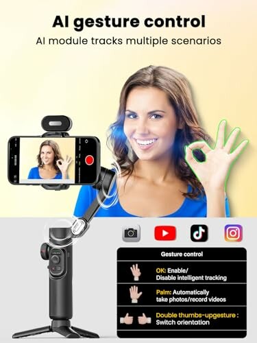 AI gesture control tripod with smartphone and woman showing OK gesture.