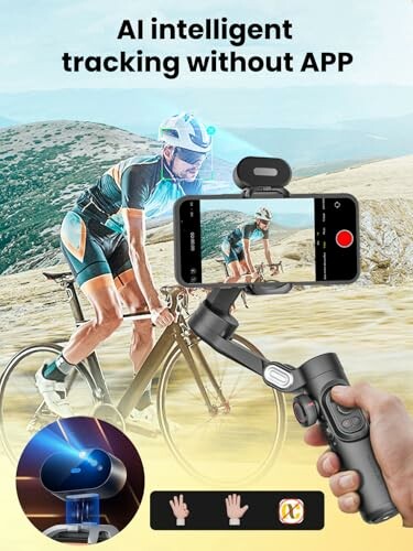 Cyclist on mountain road tracked by smartphone gimbal. Cyclist on mountain road tracked by smartphone gimbal.