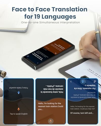 Translation device with multilingual capabilities on a table.