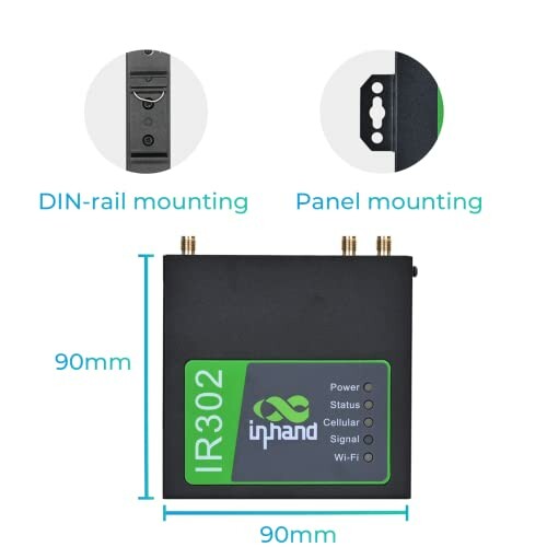 Inhand IR302 router with mounting options and dimensions. Inhand IR302 router with mounting options and dimensions.