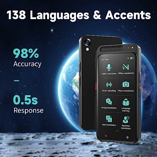 Language translator device with 138 languages and accents, 98% accuracy, 0.5s response time.