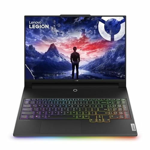 Lenovo Legion gaming laptop with colorful backlit keyboard and scenic screen display