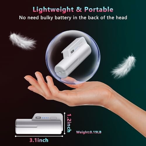 Lightweight portable device held above a hand with feathers, highlighting compact size.