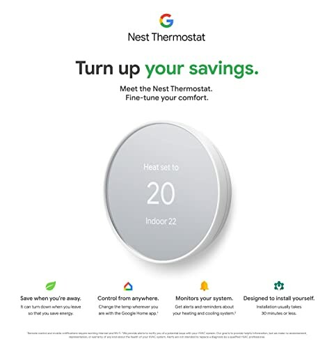 Nest Thermostat advertisement with features and benefits. Nest Thermostat advertisement with features and benefits.