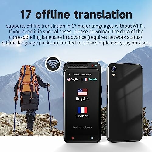Device displaying offline translation capabilities with hiker in the background.