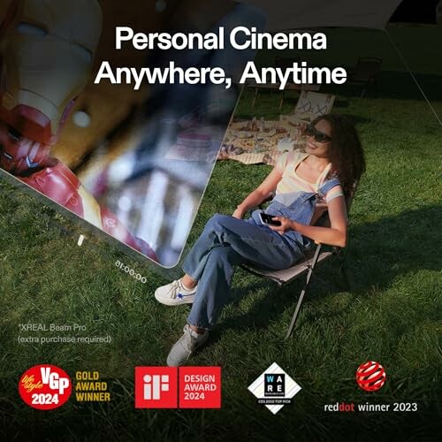 Person enjoying virtual reality outdoors with awards displayed.