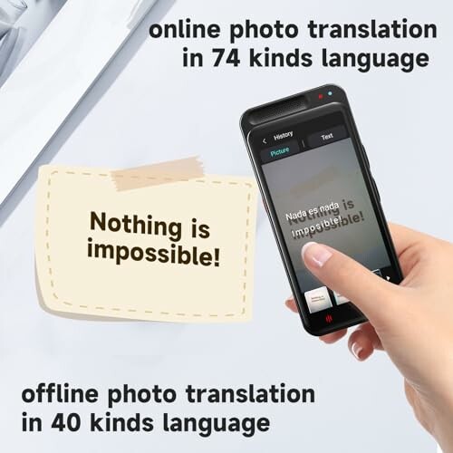 Hand holding smartphone with photo translation app.