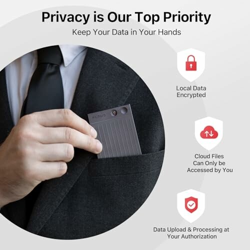 Man in suit holding data card with privacy and security icons.