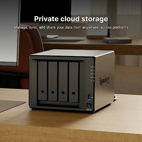 Synology NAS device on a desk for private cloud storage