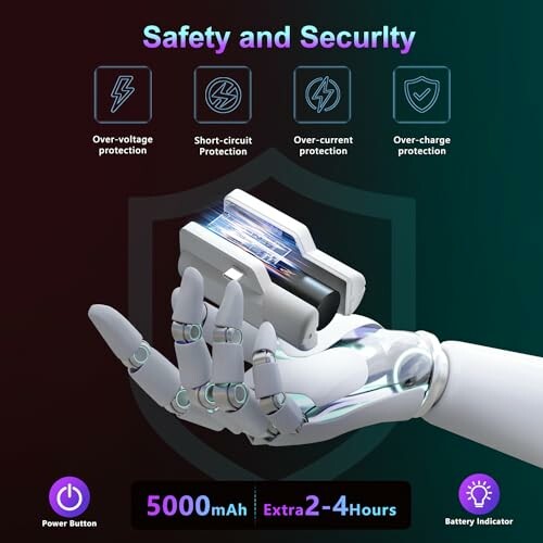 Robot hand holding a battery with safety features highlighted.