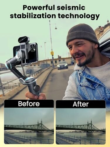 Man using stabilization technology with before and after images of a bridge.