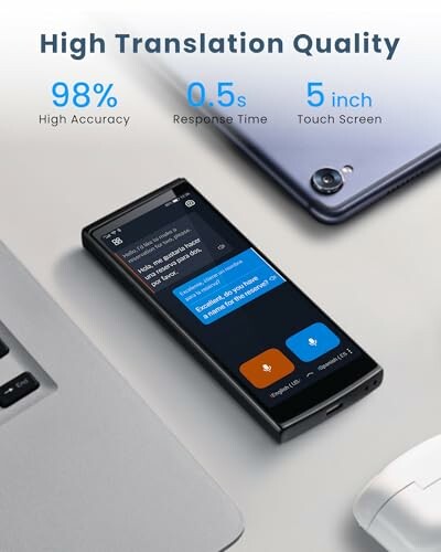 Smart device with translation app screen, showing high translation quality.