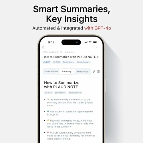 Smart Summaries and Key Insights with GPT-4 on mobile app interface.